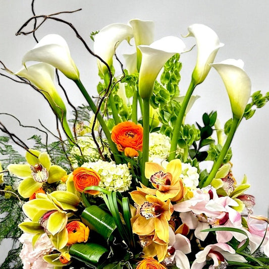 Timeless Bloom floral arrangement with white calla lilies, available from the best Toronto florist, offers luxury freshness and same day delivery.