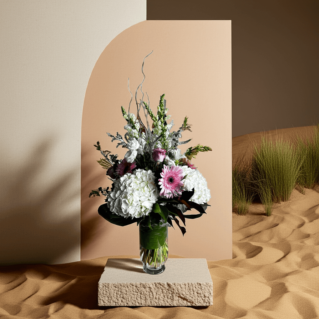 Antoinette’s Classic floral arrangement with white and pink flowers in a vase, showcasing timeless elegance and sophistication.