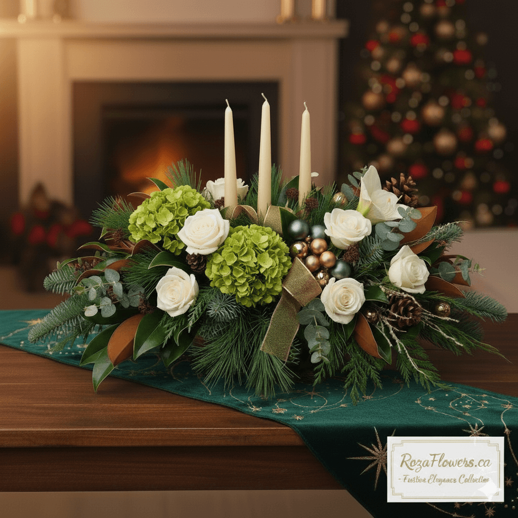 Christmas centerpiece floral design with ivory candles, white roses, and green hydrangeas on a festive table.