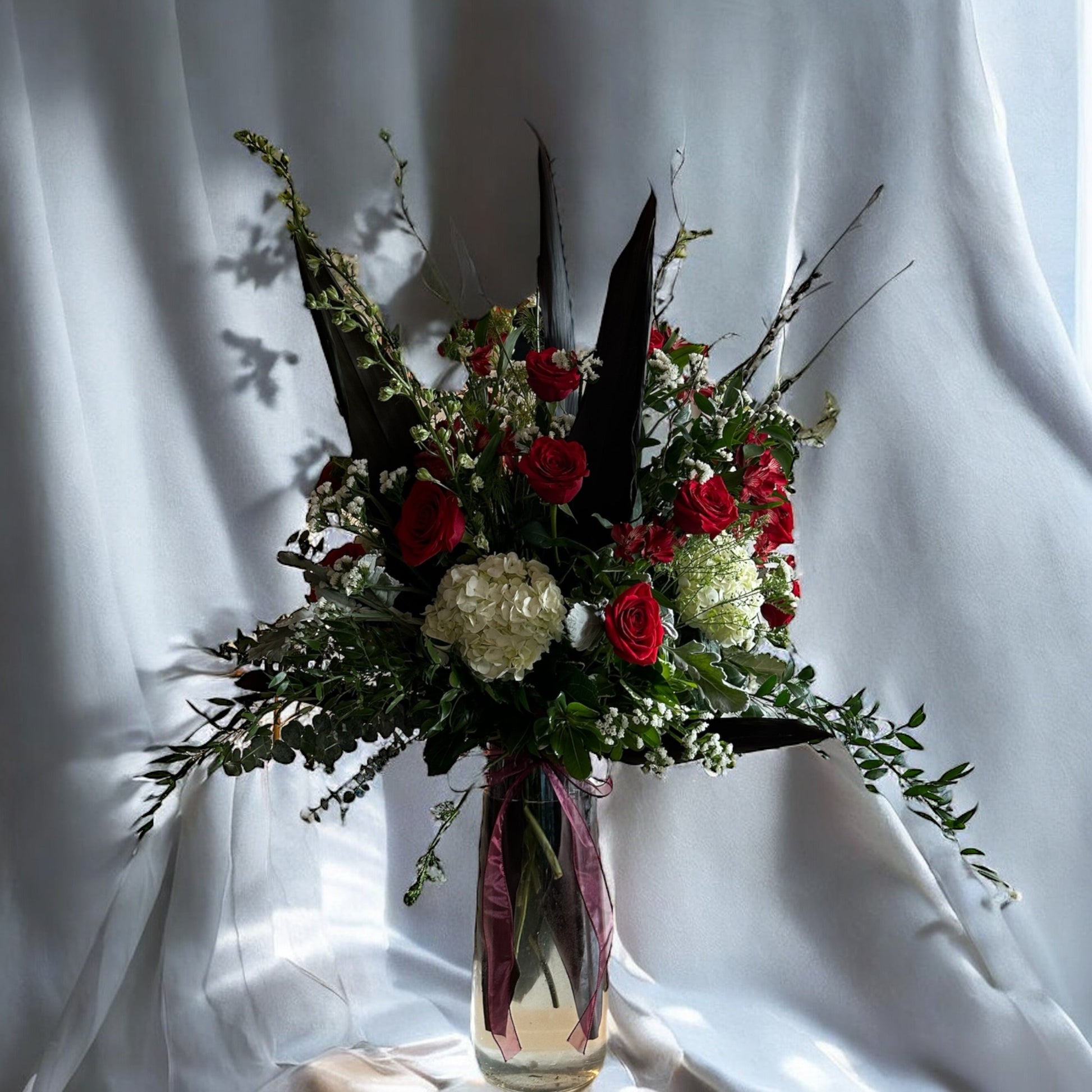 Romantic Elegance Vase with red roses and hydrangeas, perfect for same day delivery in Toronto's best flower shop.
